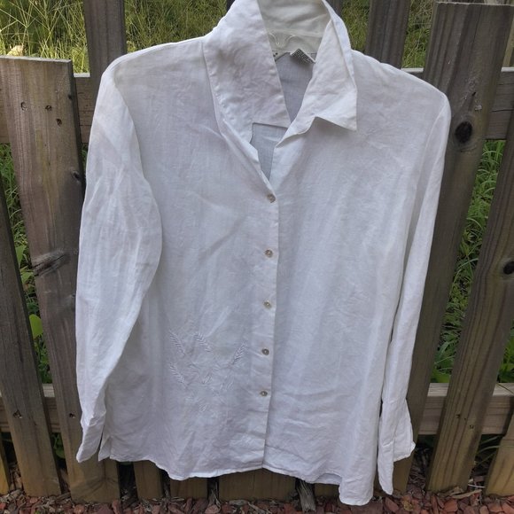 Linen Shirt Vintage White Button Down Blouse Irish Linen Embroidered Accent - Picture 16 of 16